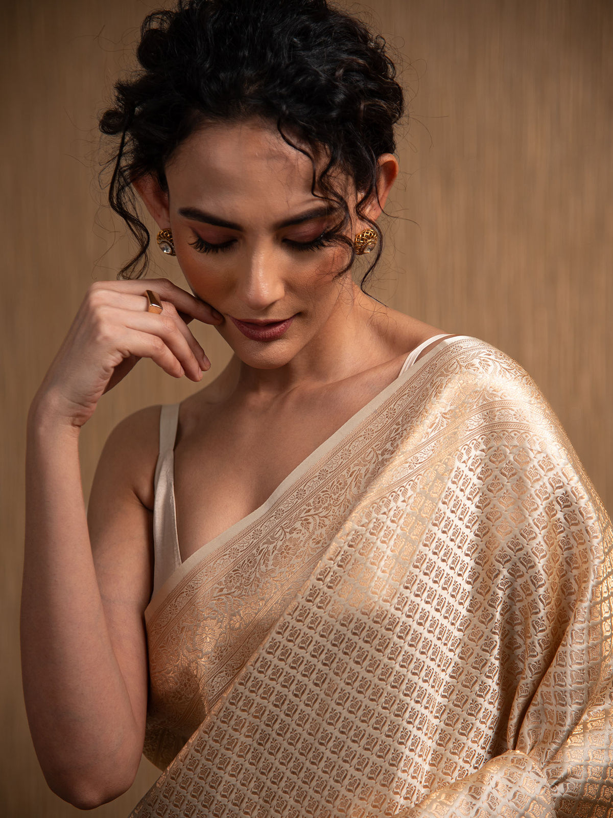 Cream Satin Brocade Handloom Banarasi Saree - Sacred Weaves