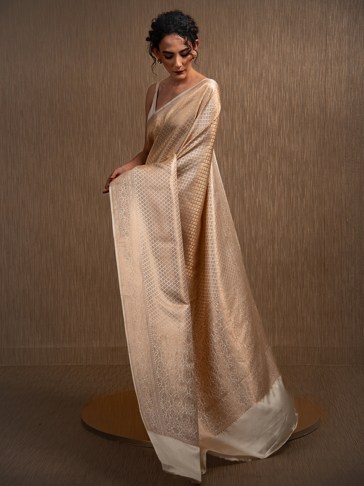 Cream Satin Brocade Handloom Banarasi Saree - Sacred Weaves