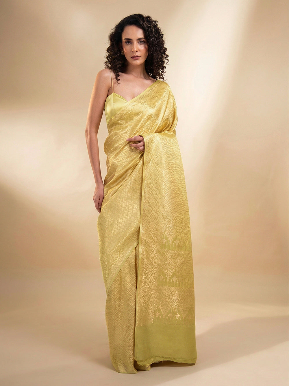 Lime Yellow Satin Brocade Handloom Banarasi Saree - Sacred Weaves