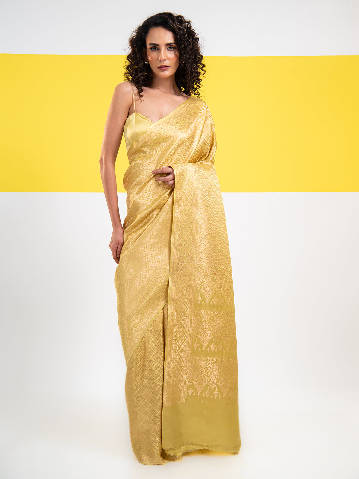 Lime Yellow Satin Brocade Handloom Banarasi Saree - Sacred Weaves