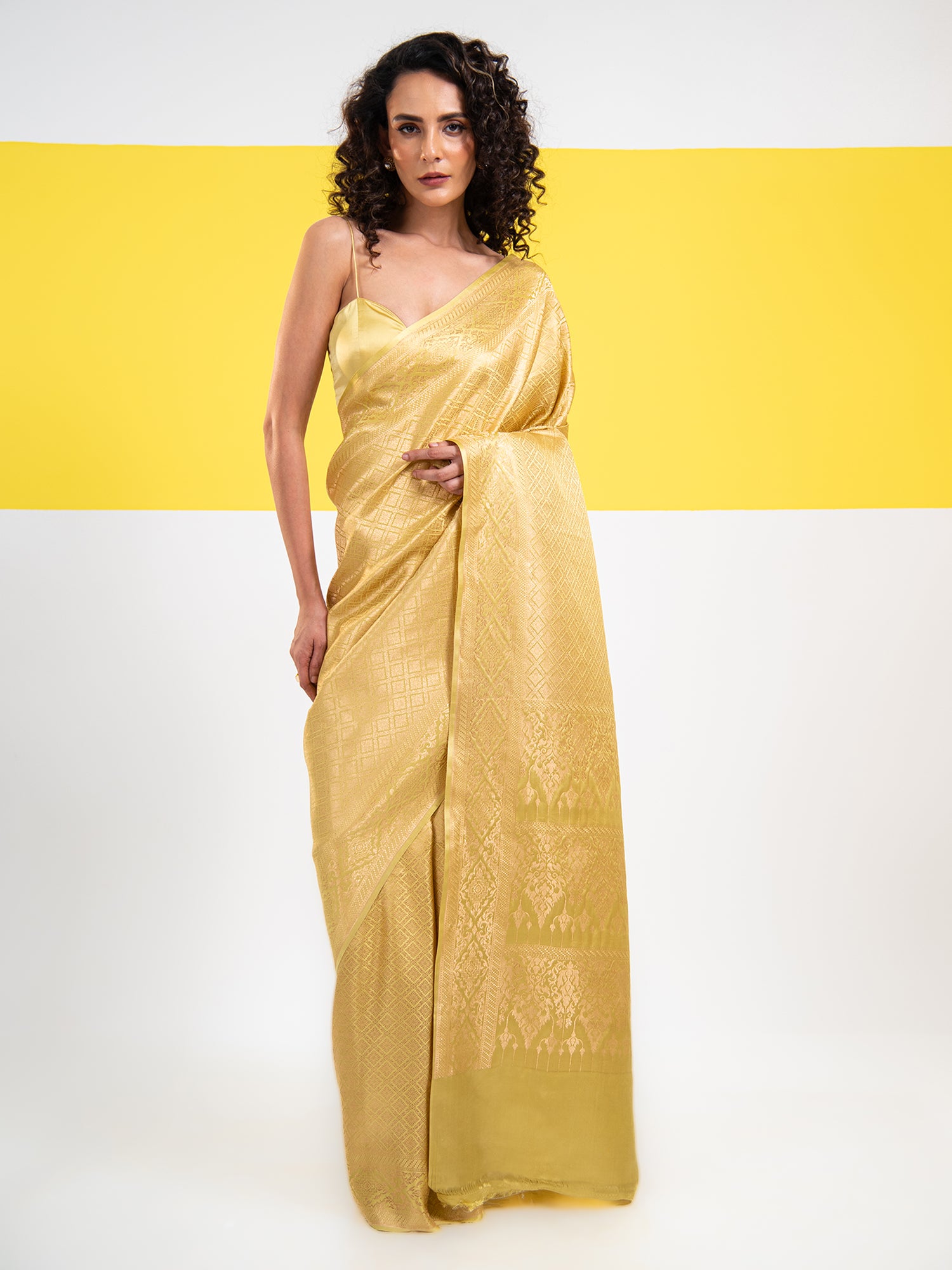 Lime Yellow Satin Brocade Handloom Banarasi Saree - Sacred Weaves