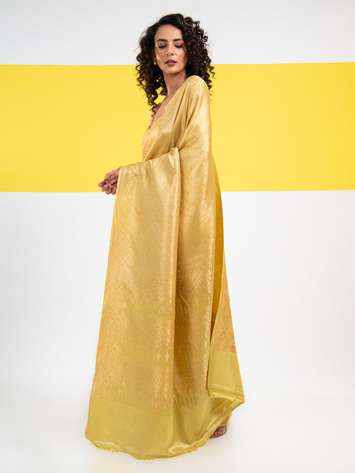 Lime Yellow Satin Brocade Handloom Banarasi Saree - Sacred Weaves