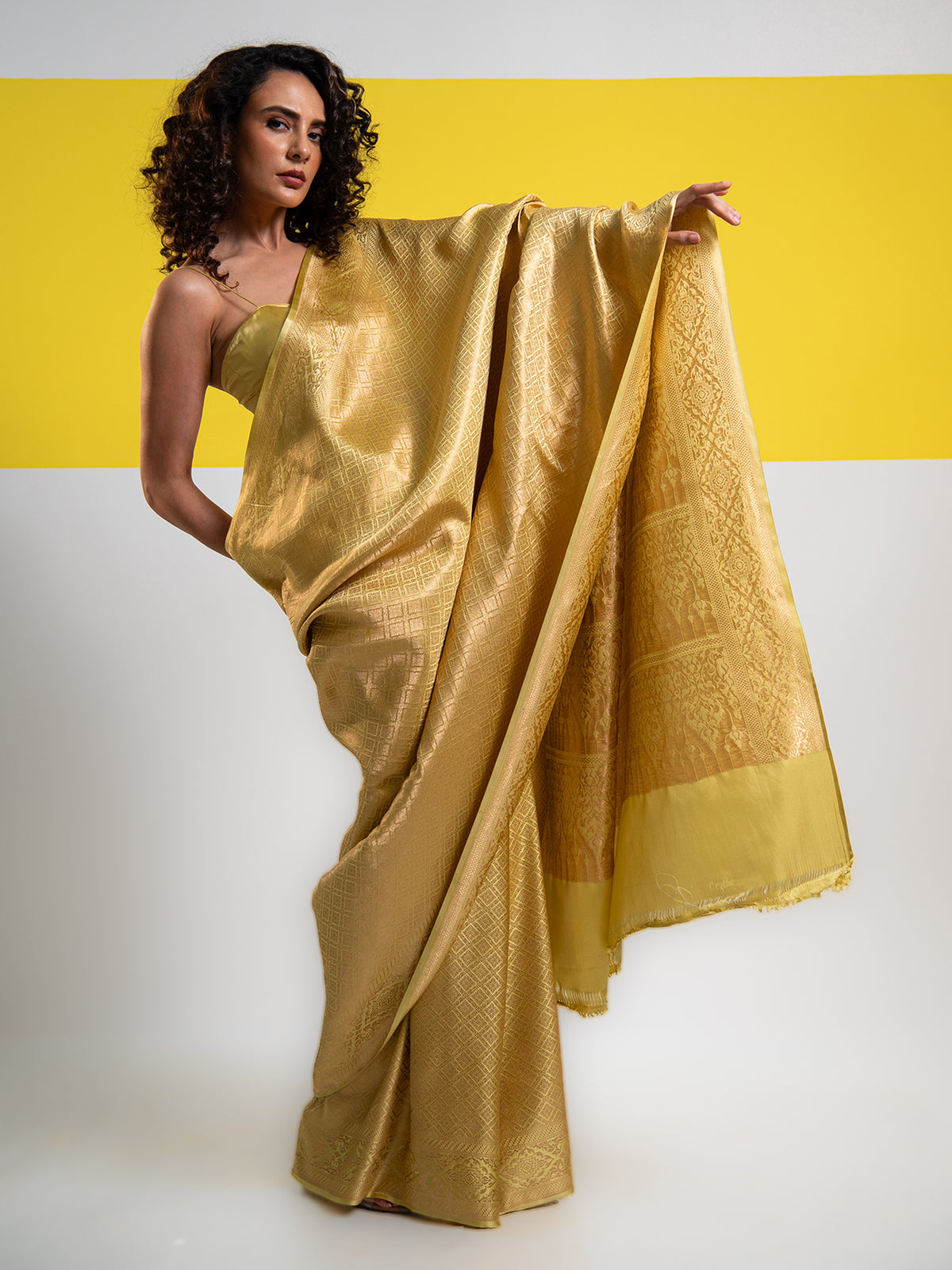 Lime Yellow Satin Brocade Handloom Banarasi Saree - Sacred Weaves
