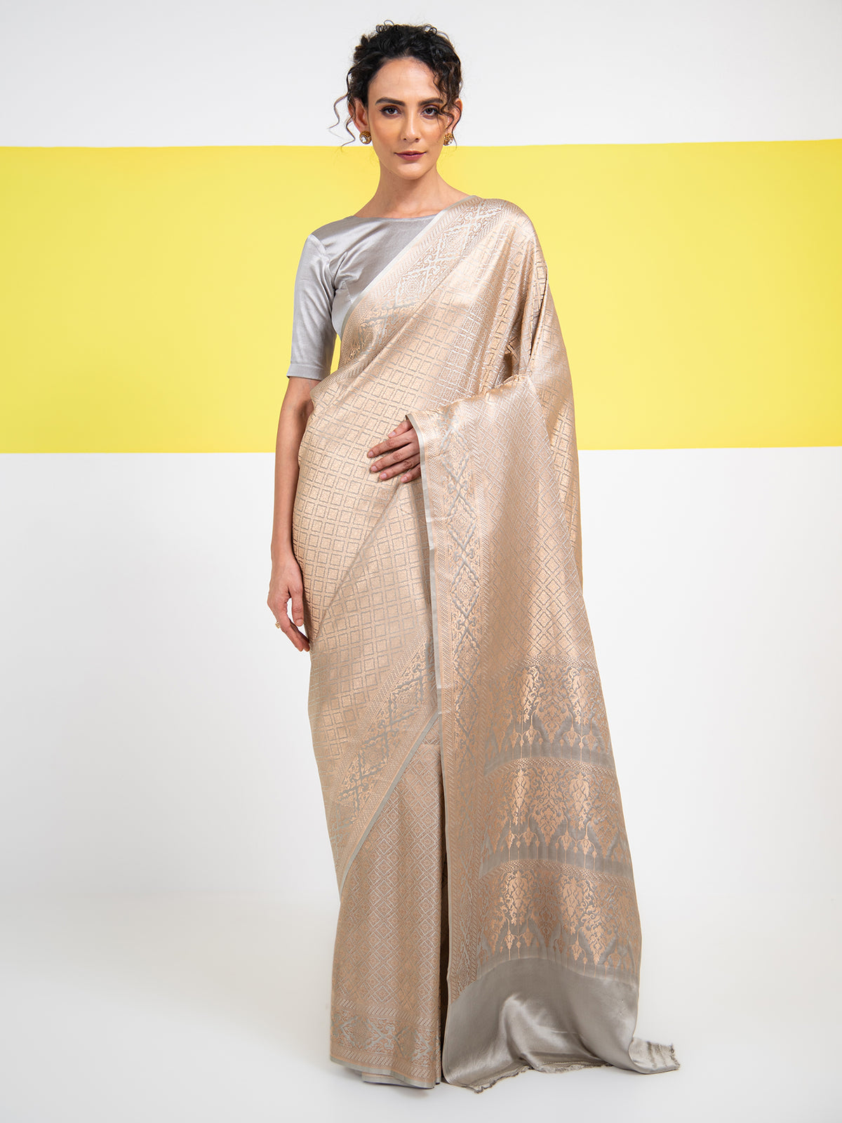 Grey Satin Brocade Handloom Banarasi Saree - Sacred Weaves