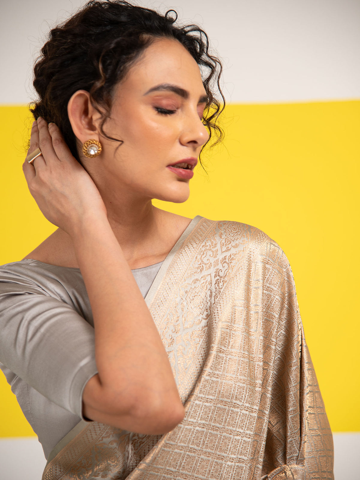 Grey Satin Brocade Handloom Banarasi Saree - Sacred Weaves