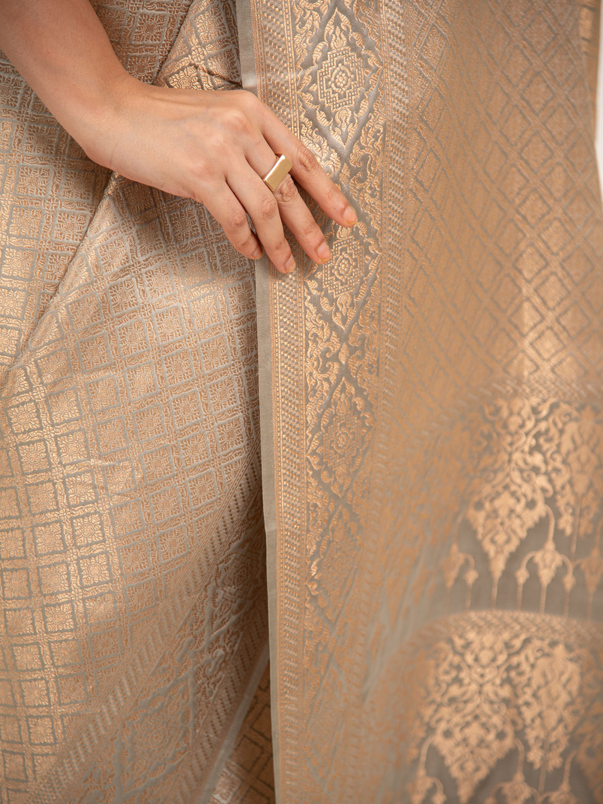 Grey Satin Brocade Handloom Banarasi Saree - Sacred Weaves