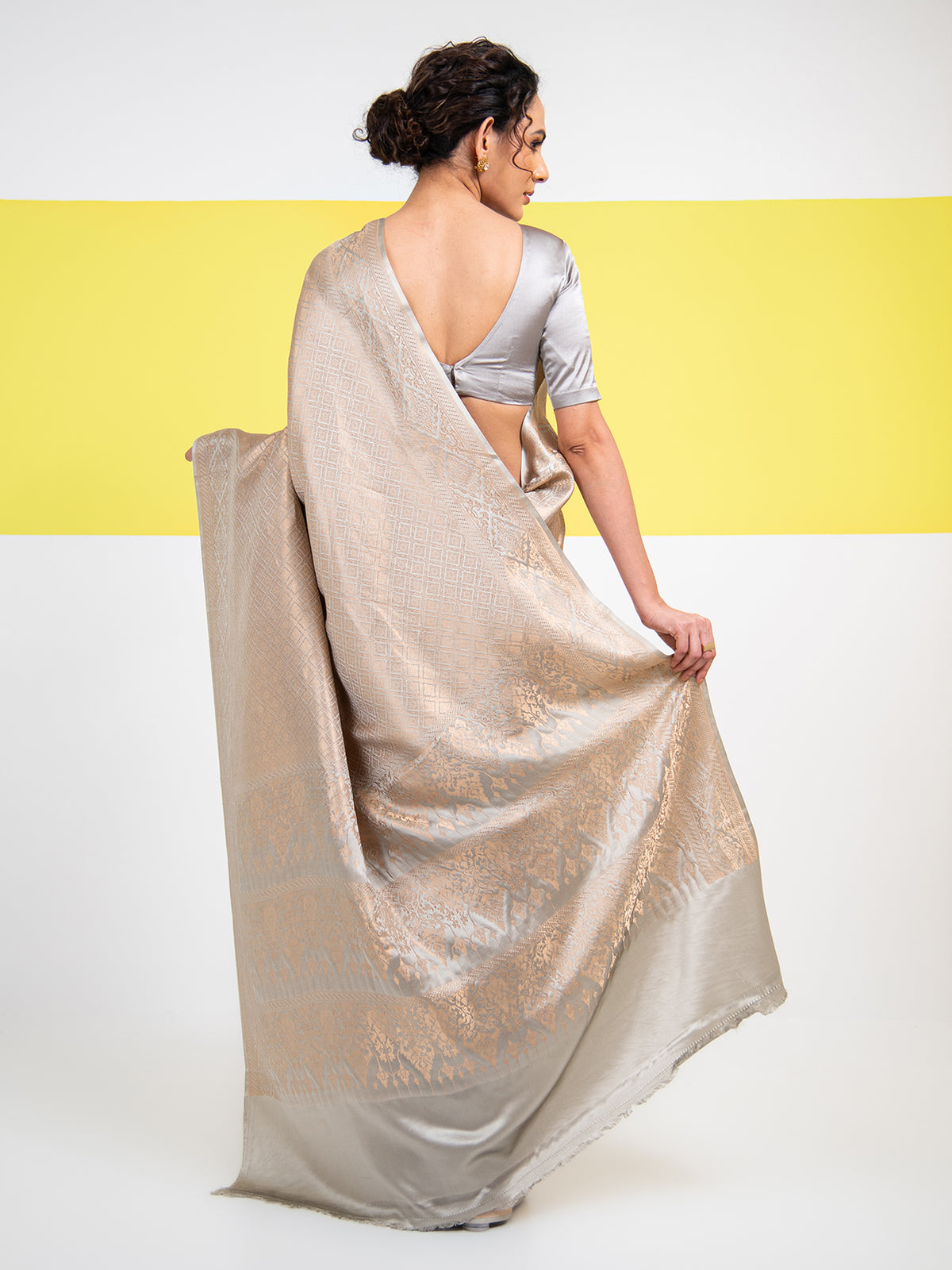 Grey Satin Brocade Handloom Banarasi Saree - Sacred Weaves