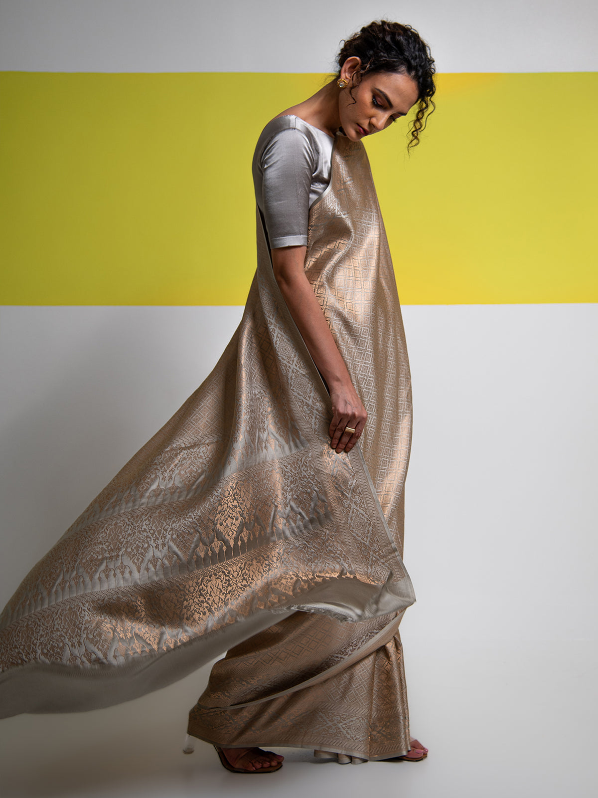 Grey Satin Brocade Handloom Banarasi Saree - Sacred Weaves