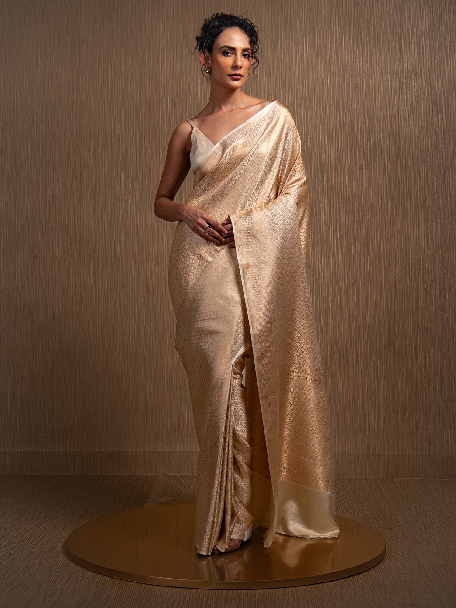 Cream Satin Brocade Handloom Banarasi Saree - Sacred Weaves