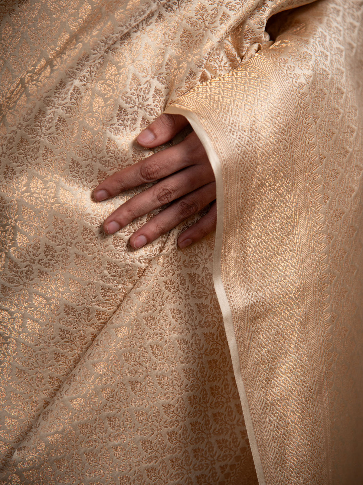 Cream Satin Brocade Handloom Banarasi Saree - Sacred Weaves