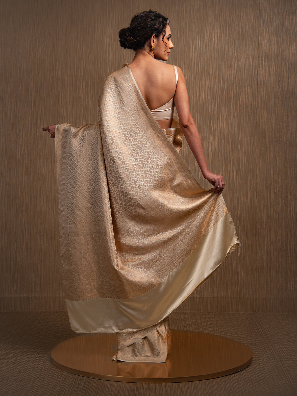 Cream Satin Brocade Handloom Banarasi Saree - Sacred Weaves