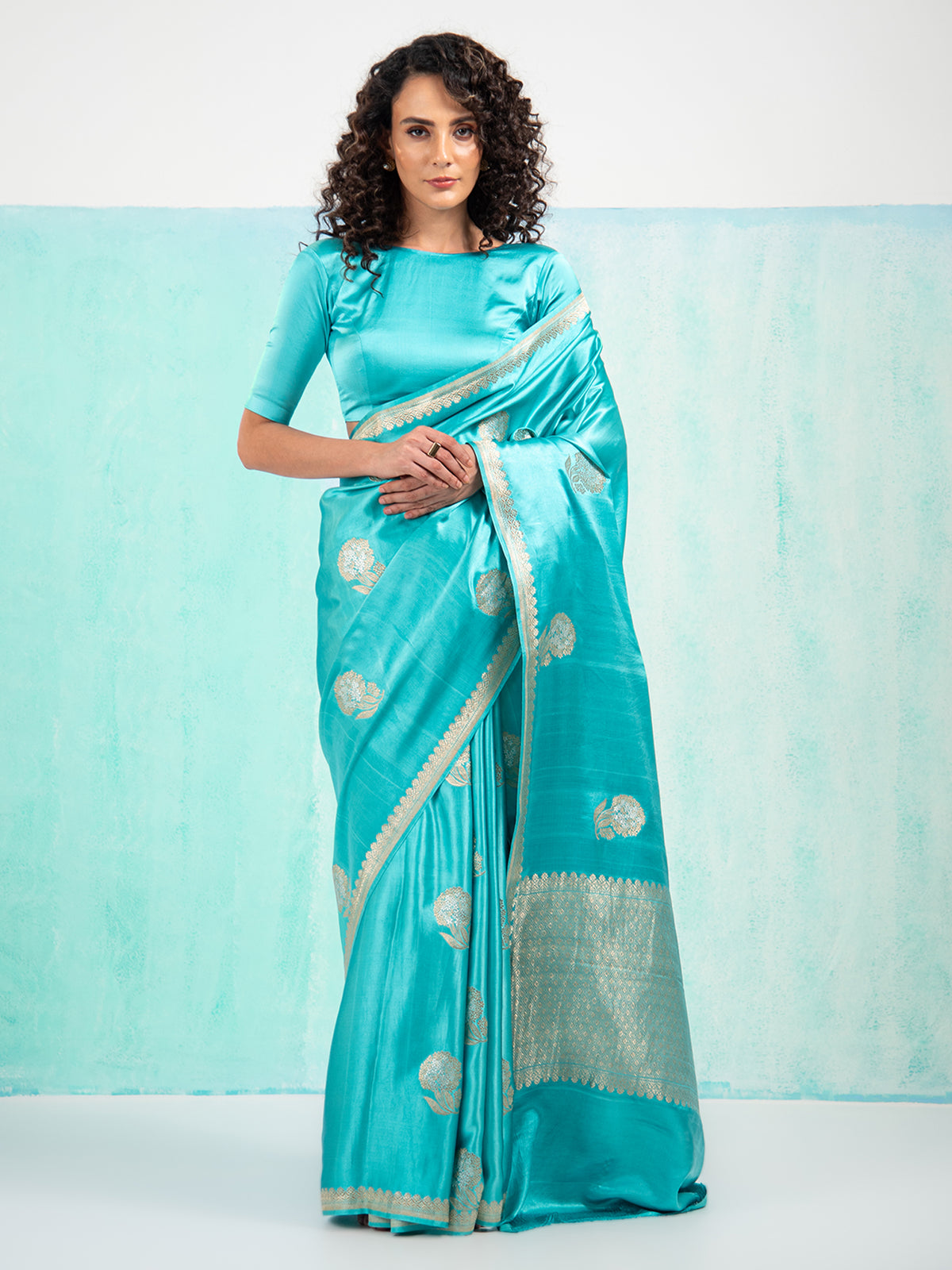 Aqua Blue Sona Roopa Boota Satin Silk Handloom Banarasi Saree - Sacred Weaves