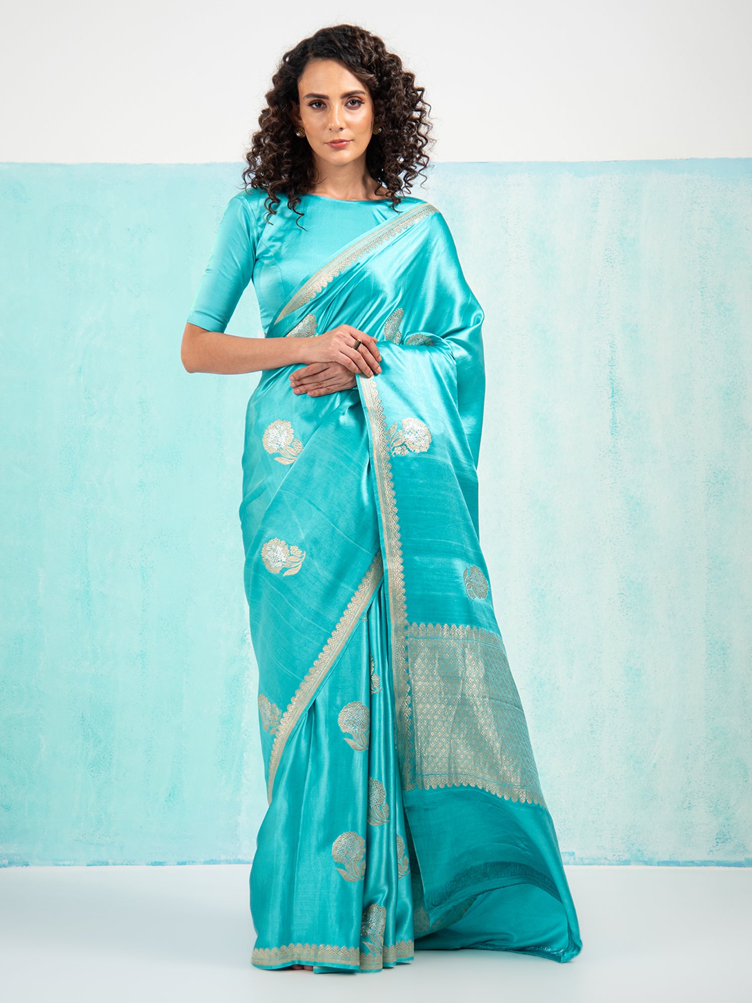 Aqua Blue Sona Roopa Boota Satin Silk Handloom Banarasi Saree - Sacred Weaves