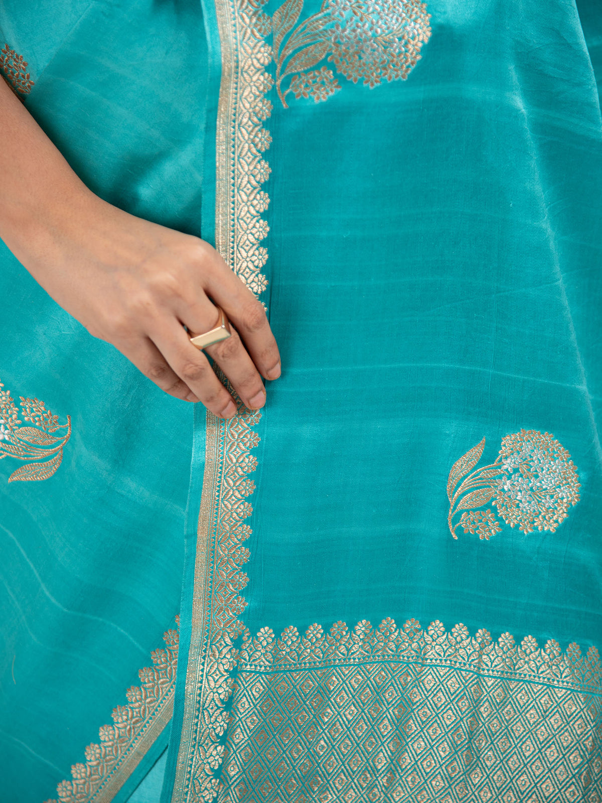 Aqua Blue Sona Roopa Boota Satin Silk Handloom Banarasi Saree - Sacred Weaves