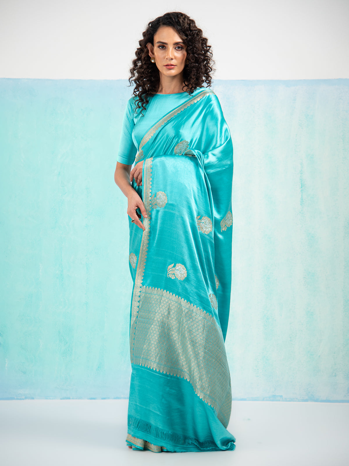 Aqua Blue Sona Roopa Boota Satin Silk Handloom Banarasi Saree - Sacred Weaves