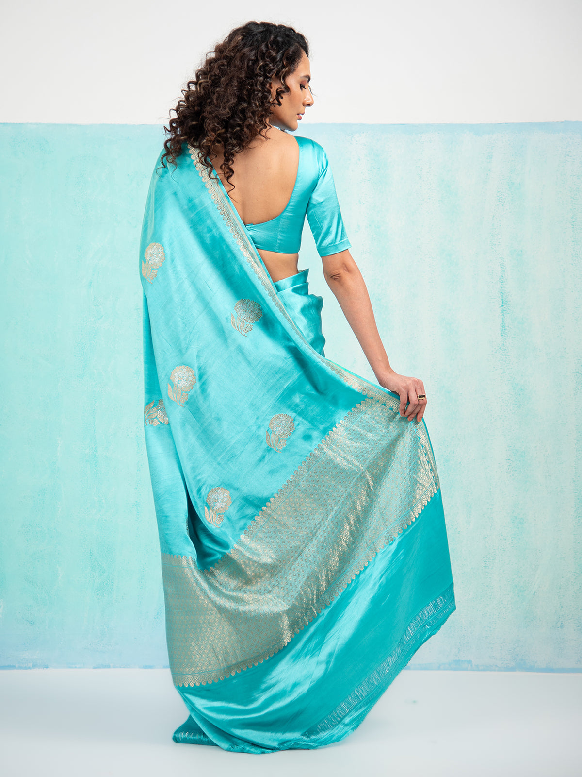 Aqua Blue Sona Roopa Boota Satin Silk Handloom Banarasi Saree - Sacred Weaves