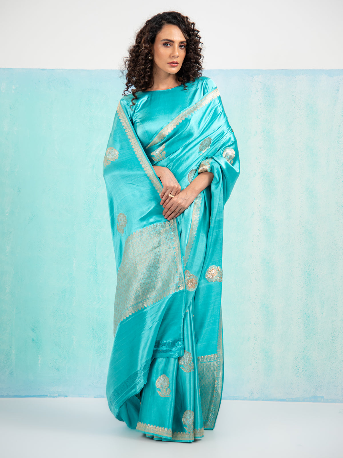 Aqua Blue Sona Roopa Boota Satin Silk Handloom Banarasi Saree - Sacred Weaves