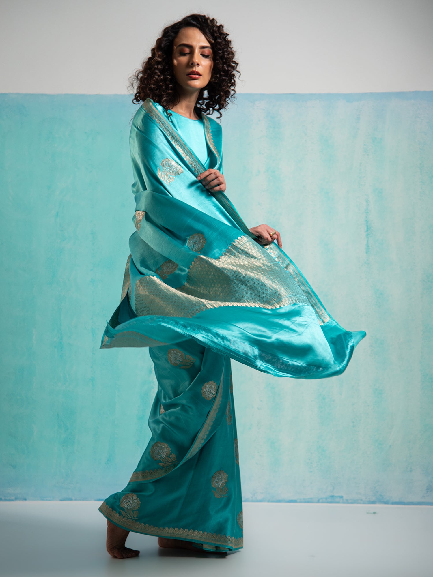 Aqua Blue Sona Roopa Boota Satin Silk Handloom Banarasi Saree - Sacred Weaves
