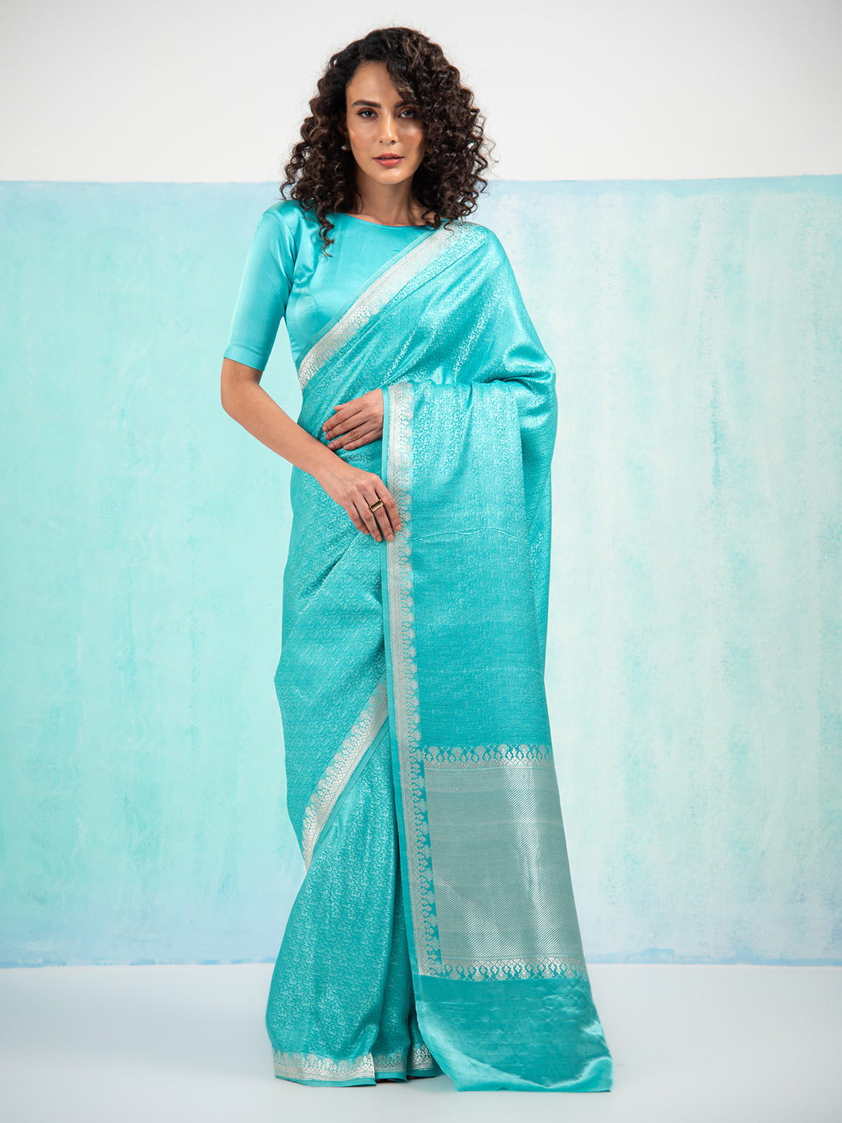Aqua Blue Satin Tanchoi Handloom Banarasi Saree - Sacred Weaves