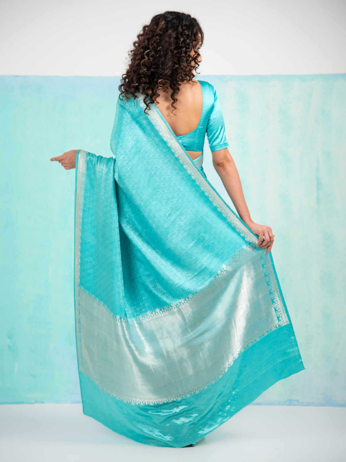 Aqua Blue Satin Tanchoi Handloom Banarasi Saree - Sacred Weaves