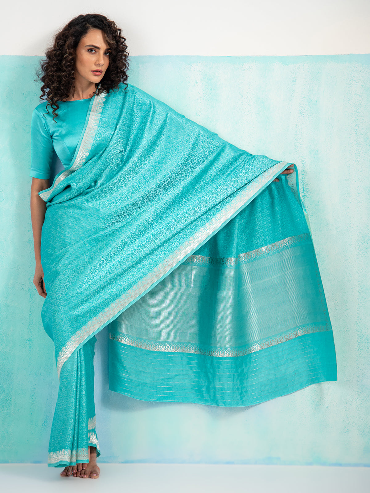 Aqua Blue Satin Tanchoi Handloom Banarasi Saree - Sacred Weaves