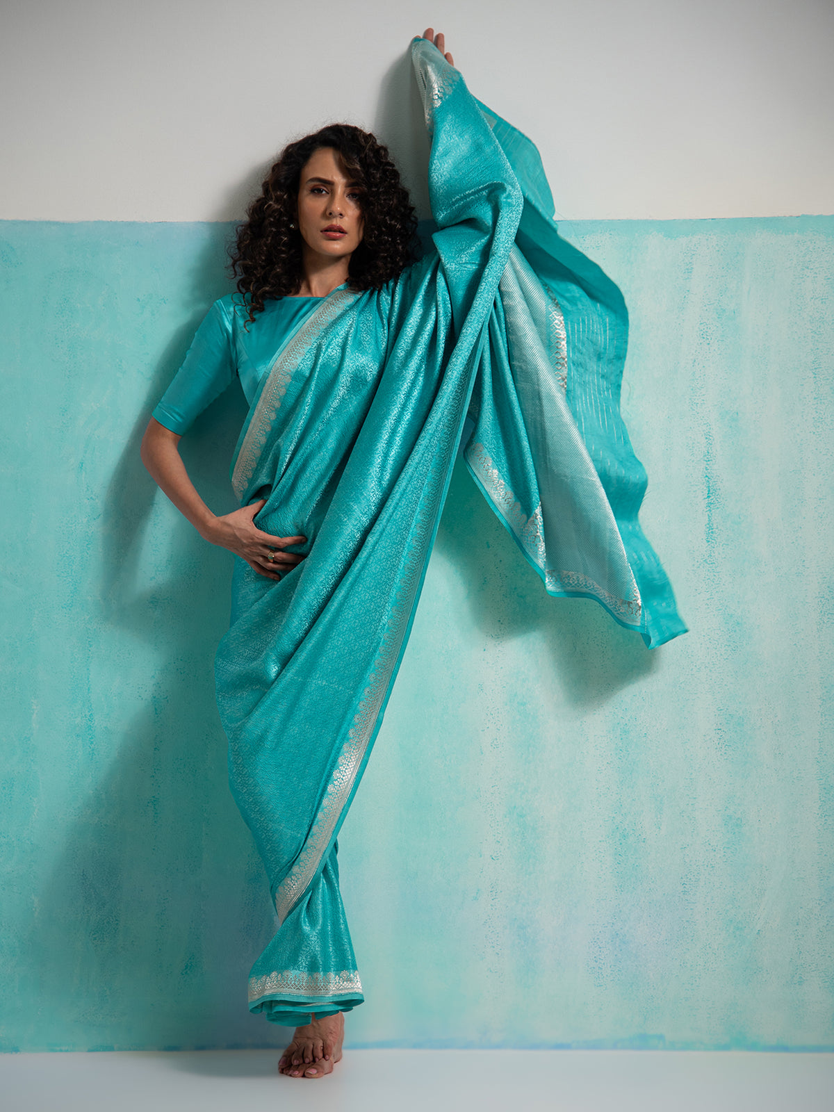 Aqua Blue Satin Tanchoi Handloom Banarasi Saree - Sacred Weaves