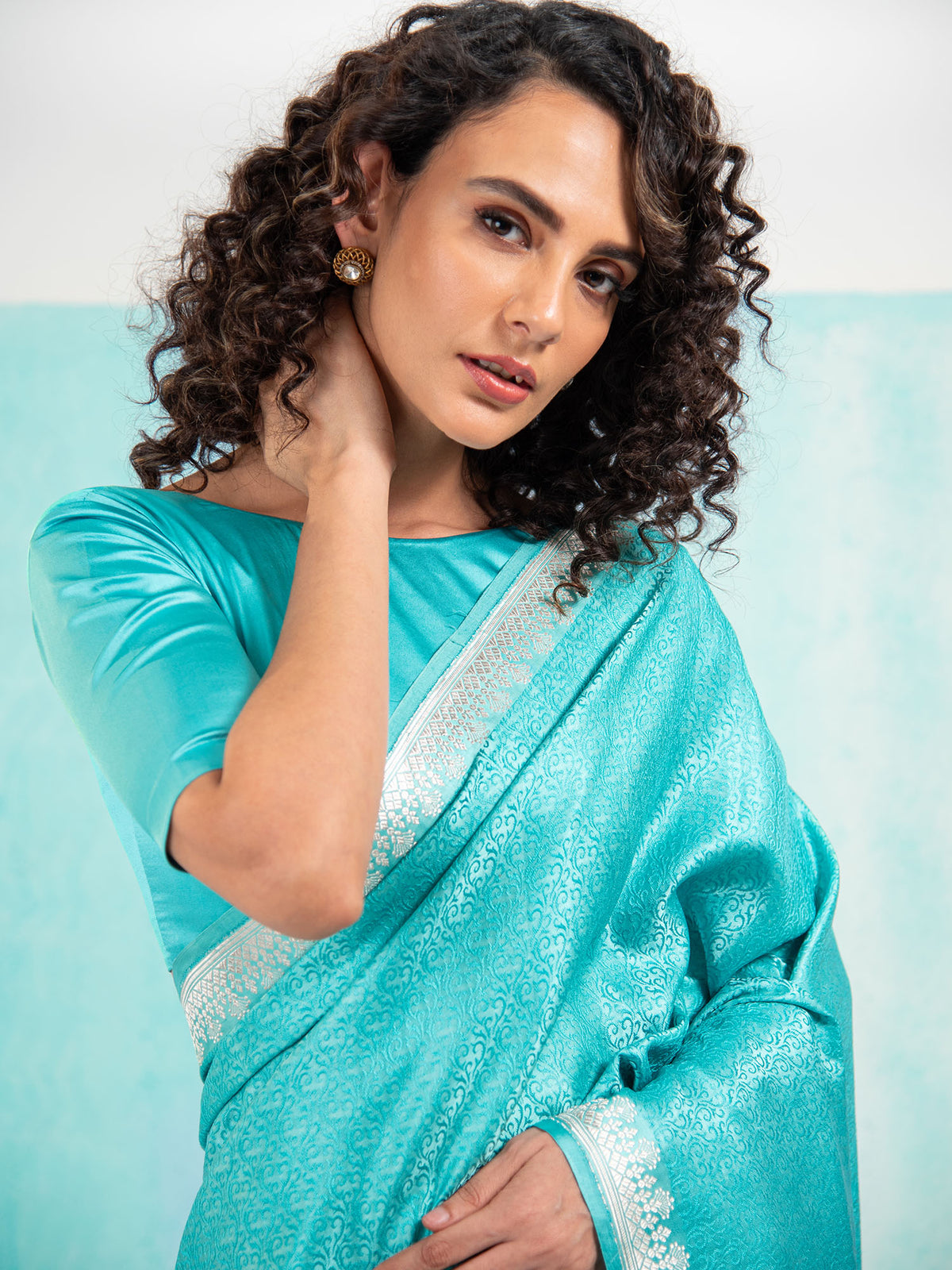 Aqua Blue Satin Tanchoi Handloom Banarasi Saree - Sacred Weaves