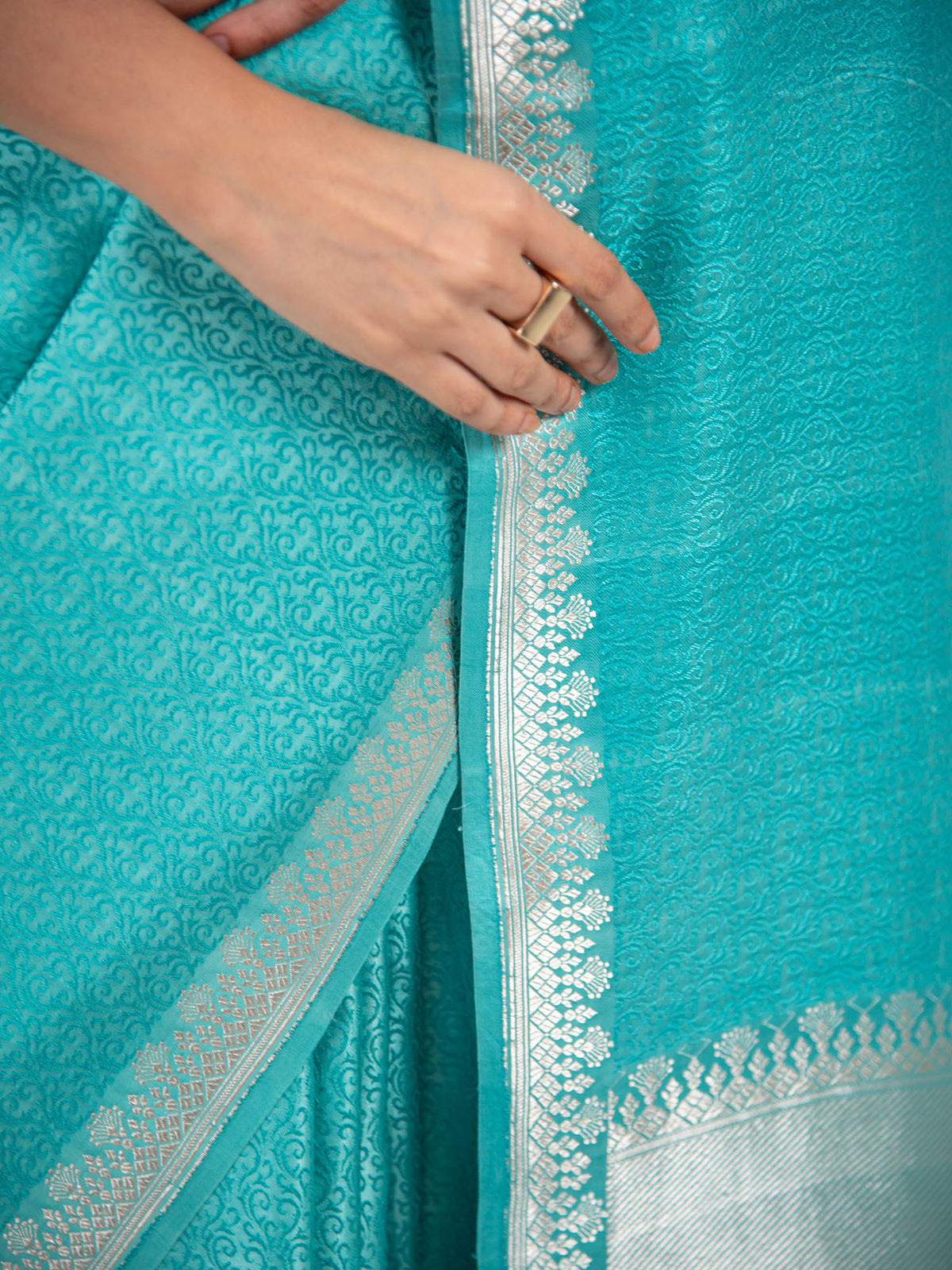 Aqua Blue Satin Tanchoi Handloom Banarasi Saree - Sacred Weaves