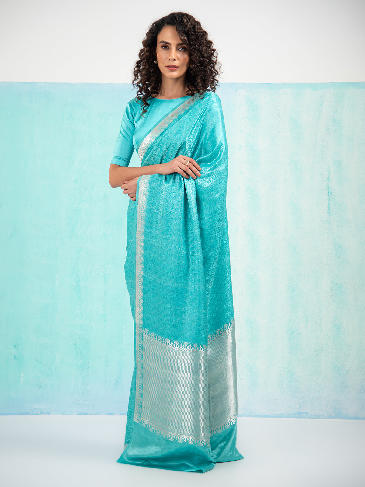 Aqua Blue Satin Tanchoi Handloom Banarasi Saree - Sacred Weaves