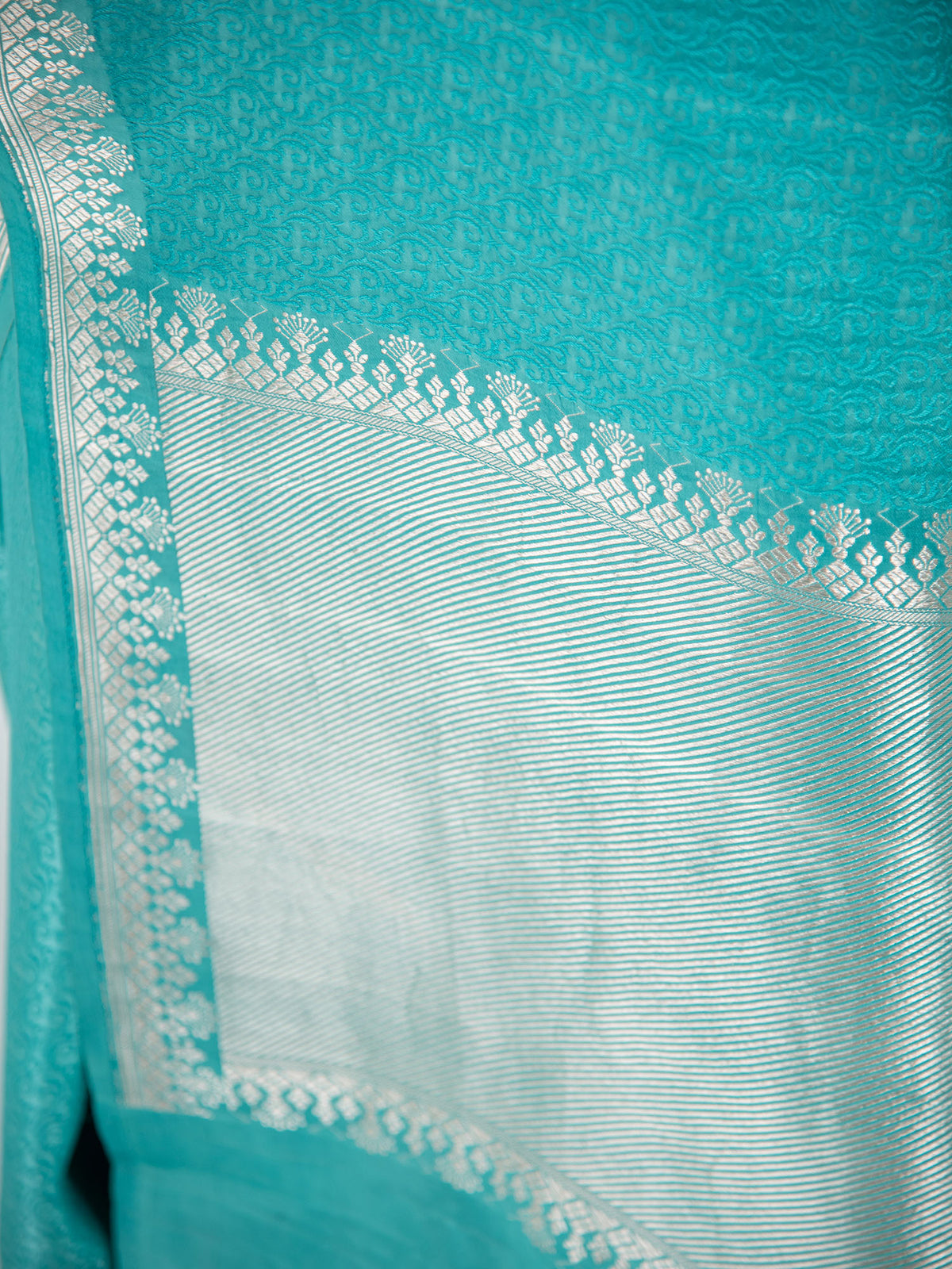 Aqua Blue Satin Tanchoi Handloom Banarasi Saree - Sacred Weaves