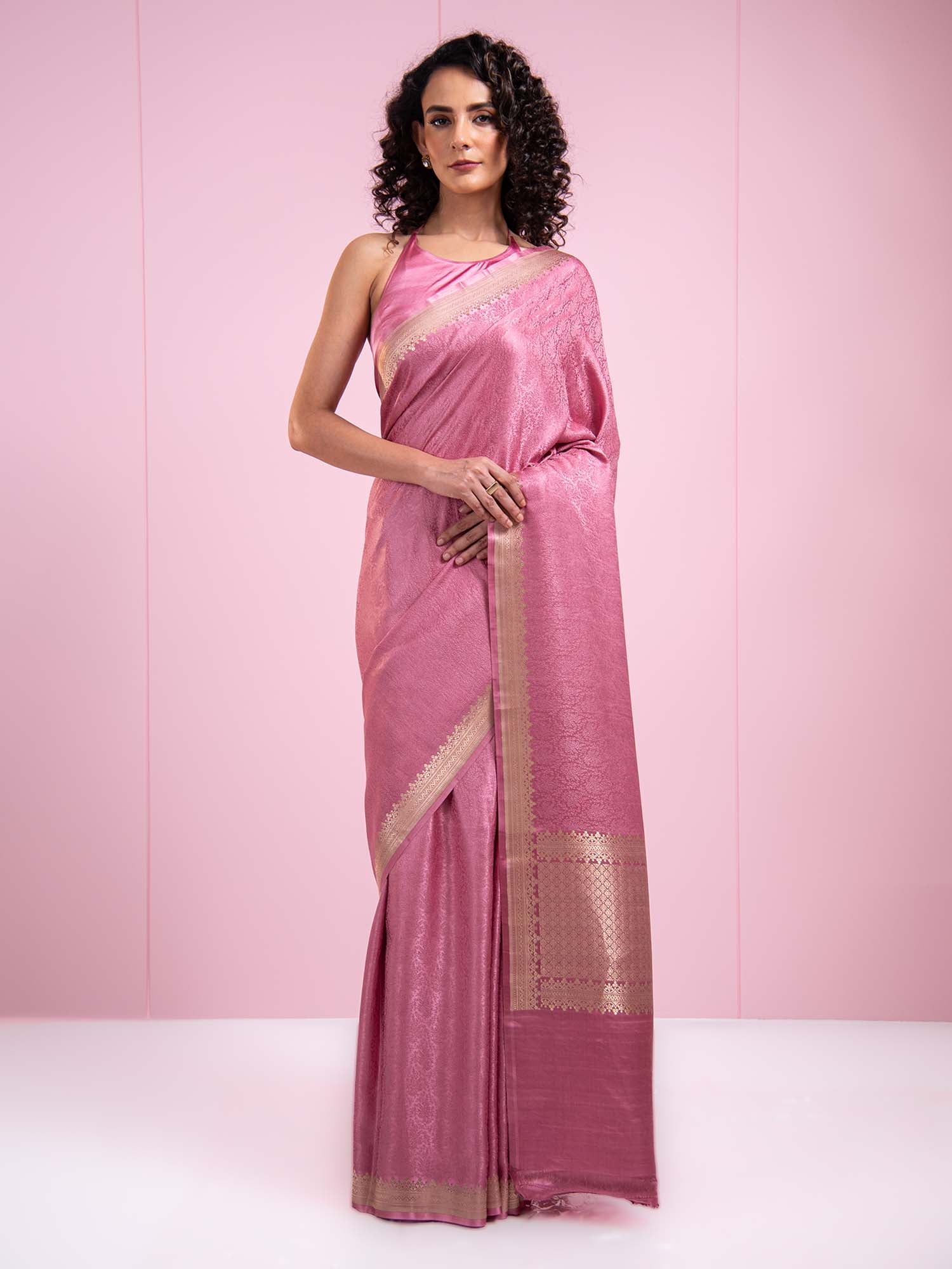 Onion Pink Satin Tanchoi Handloom Banarasi Saree - Sacred Weaves