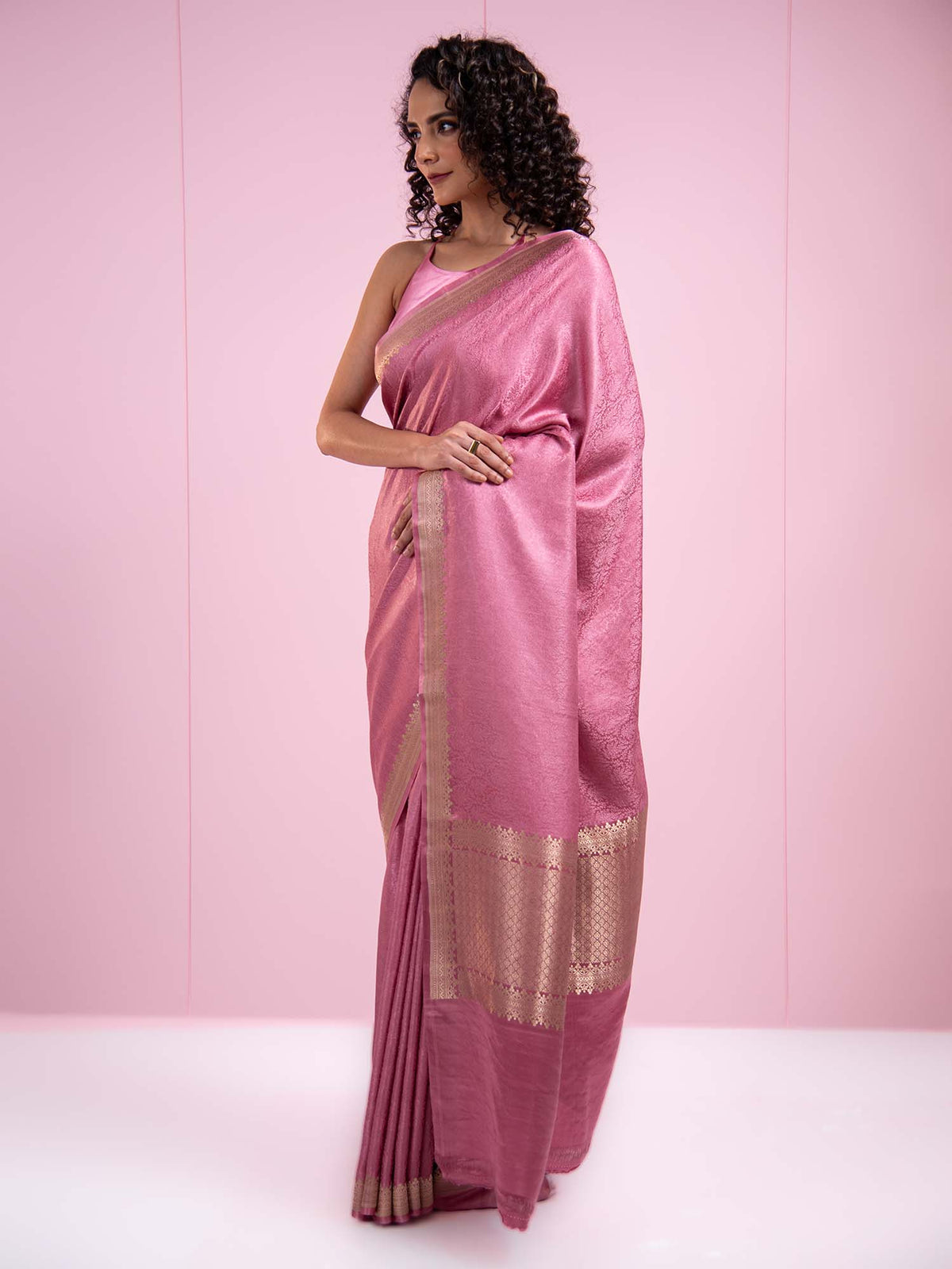 Onion Pink Satin Tanchoi Handloom Banarasi Saree - Sacred Weaves
