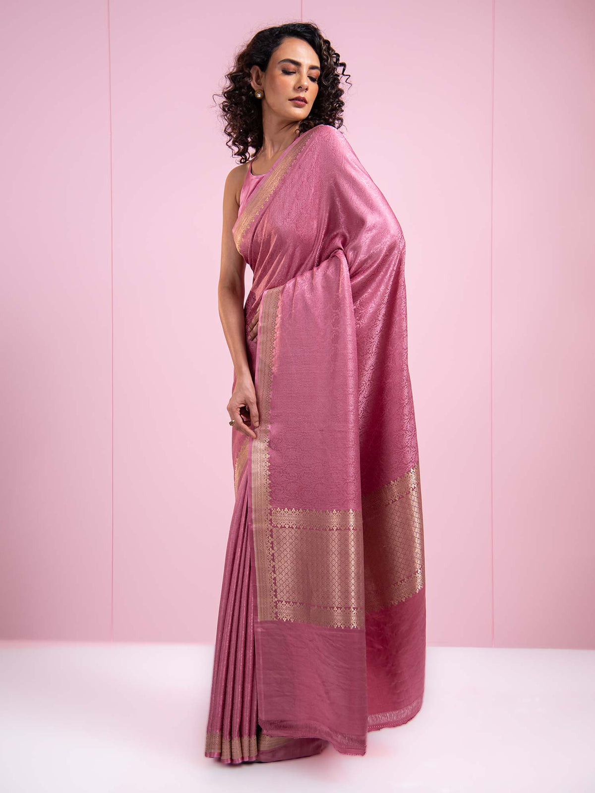 Onion Pink Satin Tanchoi Handloom Banarasi Saree - Sacred Weaves