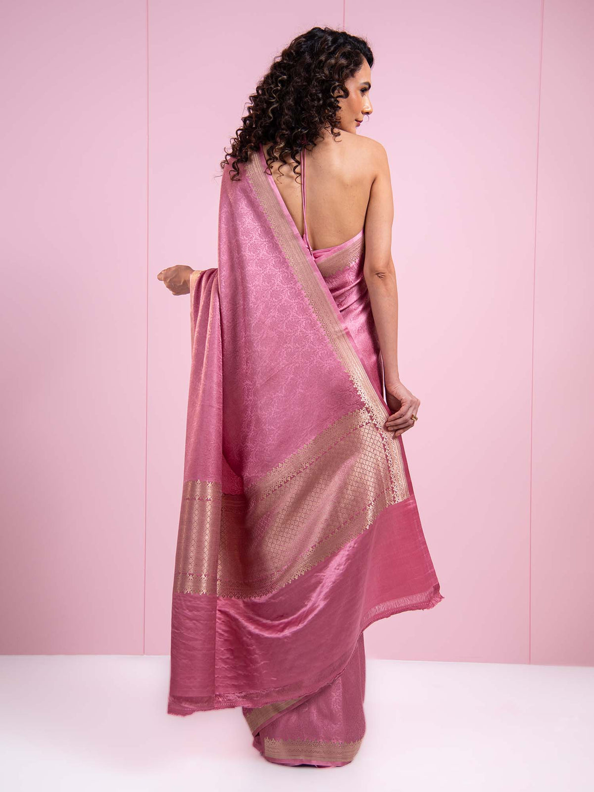 Onion Pink Satin Tanchoi Handloom Banarasi Saree - Sacred Weaves