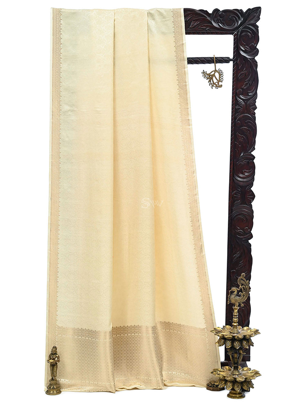 Cream Satin Silk Handloom Banarasi Saree - Sacred Weaves