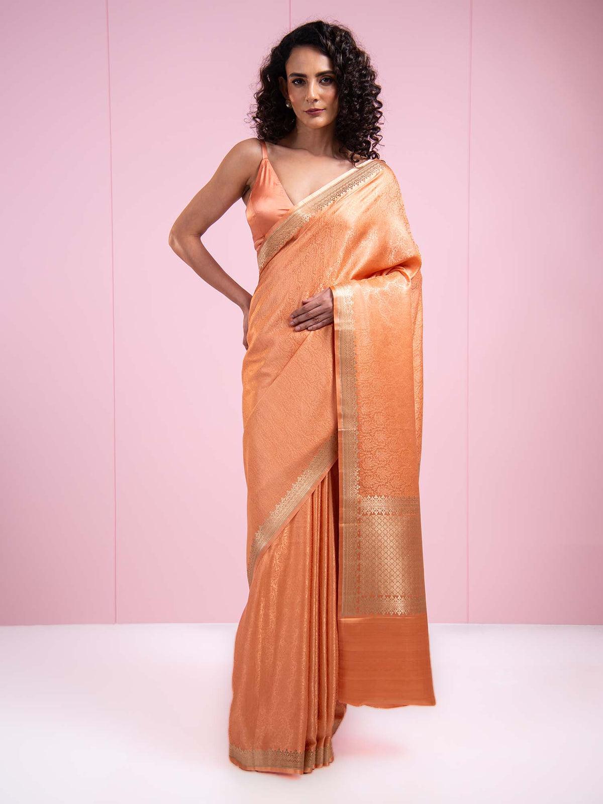 Peach Satin Tanchoi Handloom Banarasi Saree - Sacred Weaves