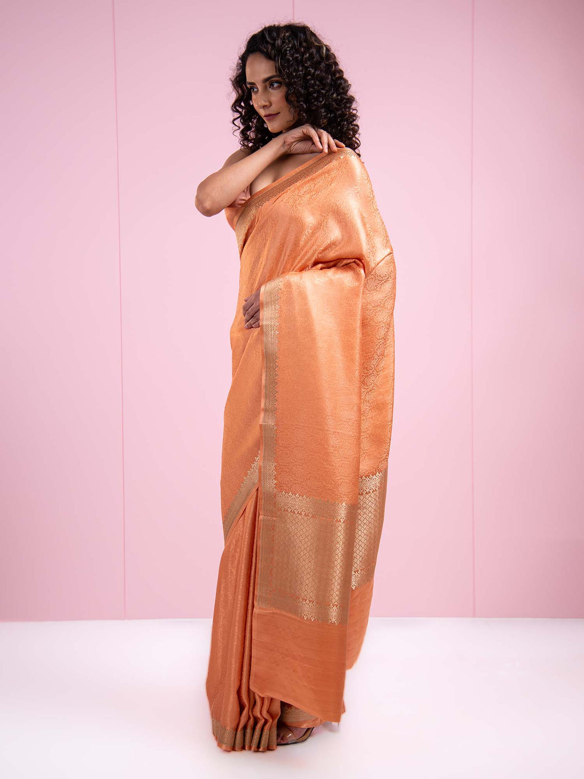 Peach Satin Tanchoi Handloom Banarasi Saree - Sacred Weaves