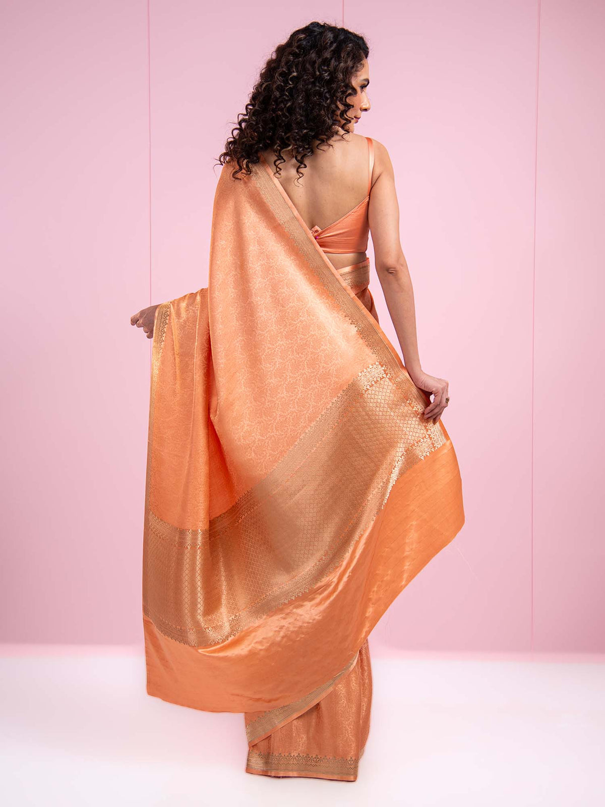 Peach Satin Tanchoi Handloom Banarasi Saree - Sacred Weaves
