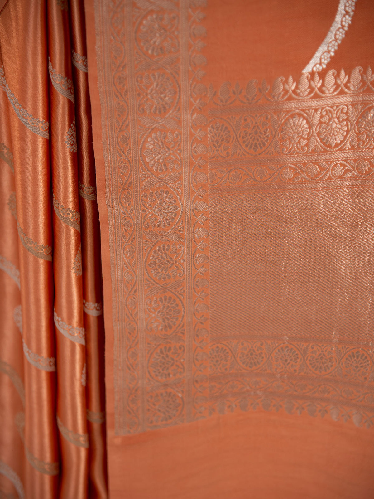 Peach Satin Sona Roopa Leheriya Handloom Banarasi Saree - Sacred Weaves