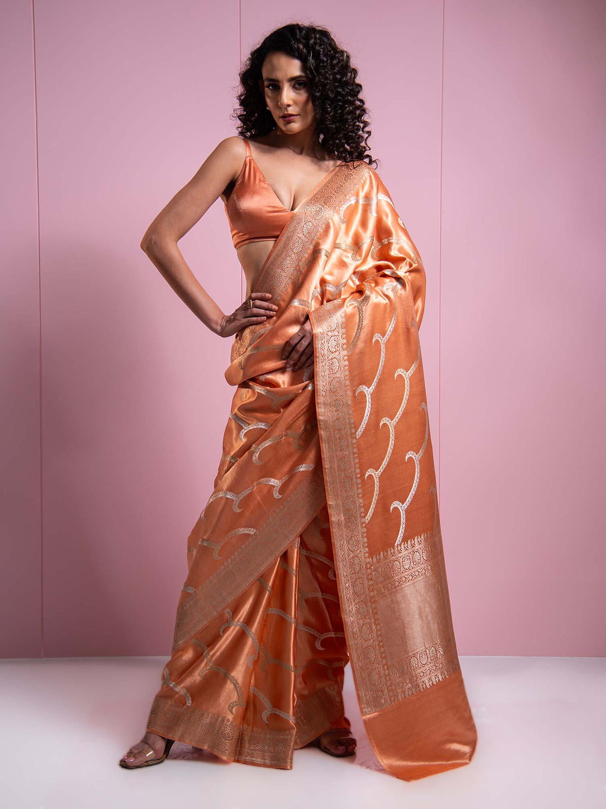 Peach Satin Sona Roopa Leheriya Handloom Banarasi Saree - Sacred Weaves