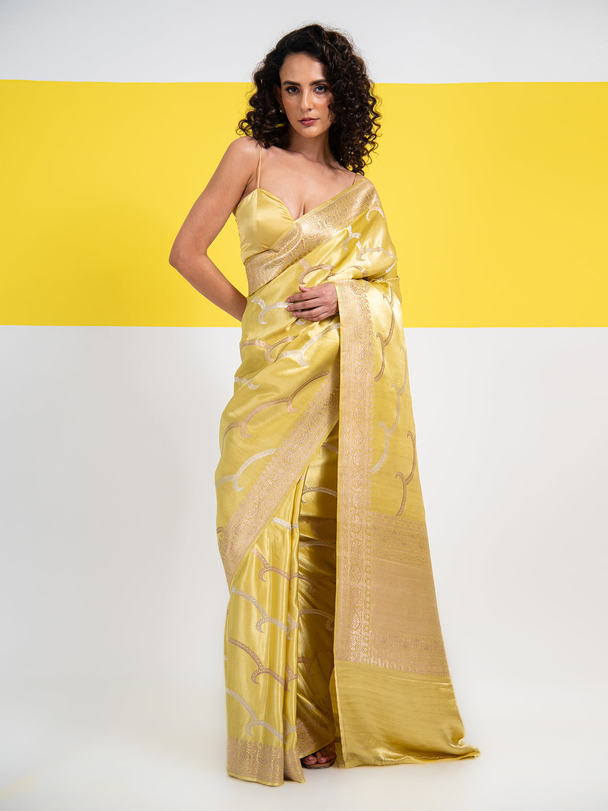 Lime Yellow Satin Sona Roopa Leheriya Handloom Banarasi Saree - Sacred Weaves