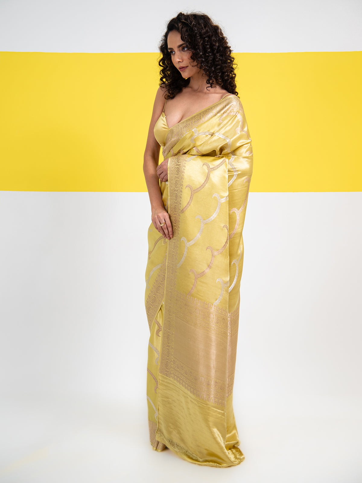 Lime Yellow Satin Sona Roopa Leheriya Handloom Banarasi Saree - Sacred Weaves