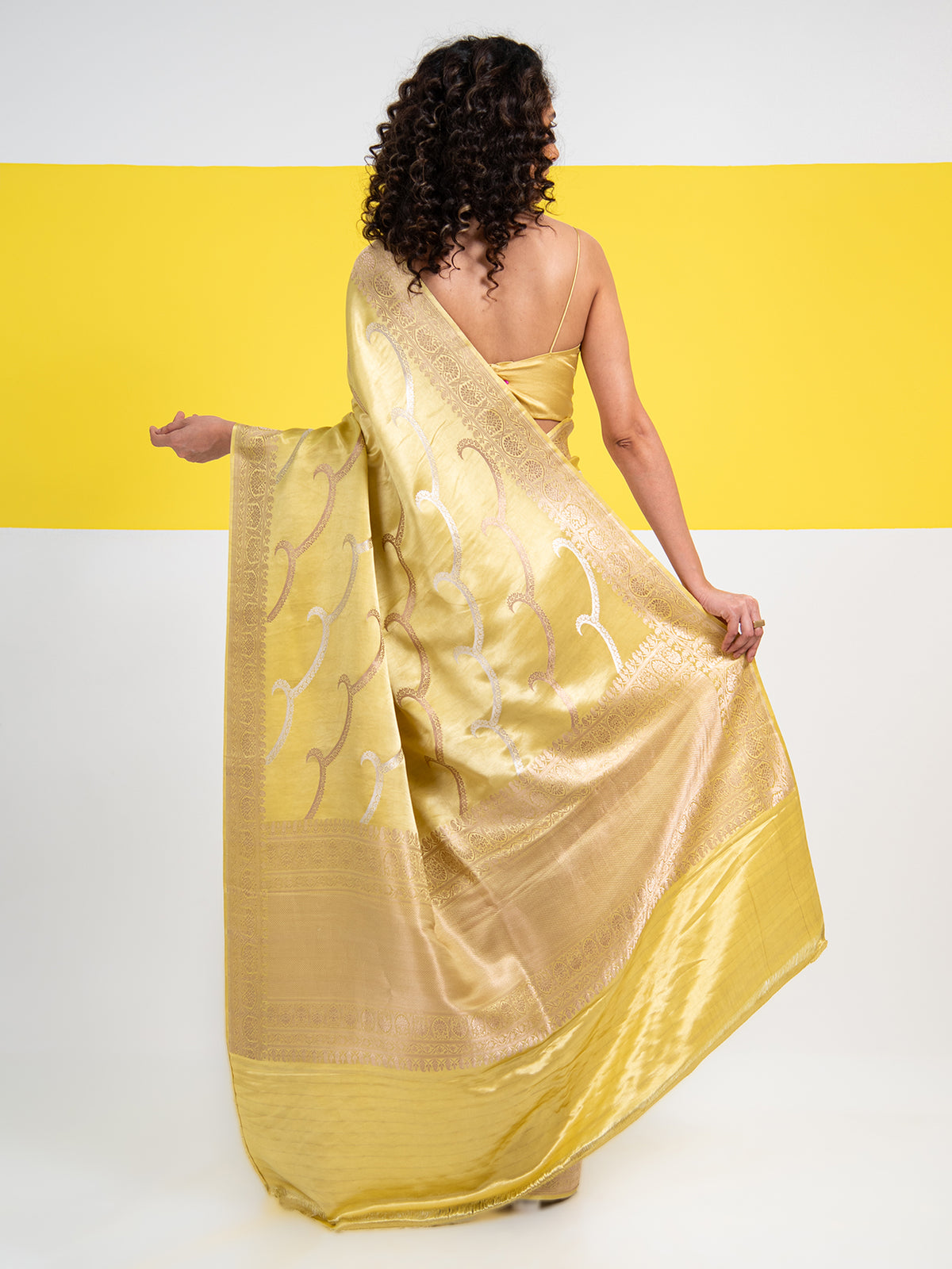 Lime Yellow Satin Sona Roopa Leheriya Handloom Banarasi Saree - Sacred Weaves