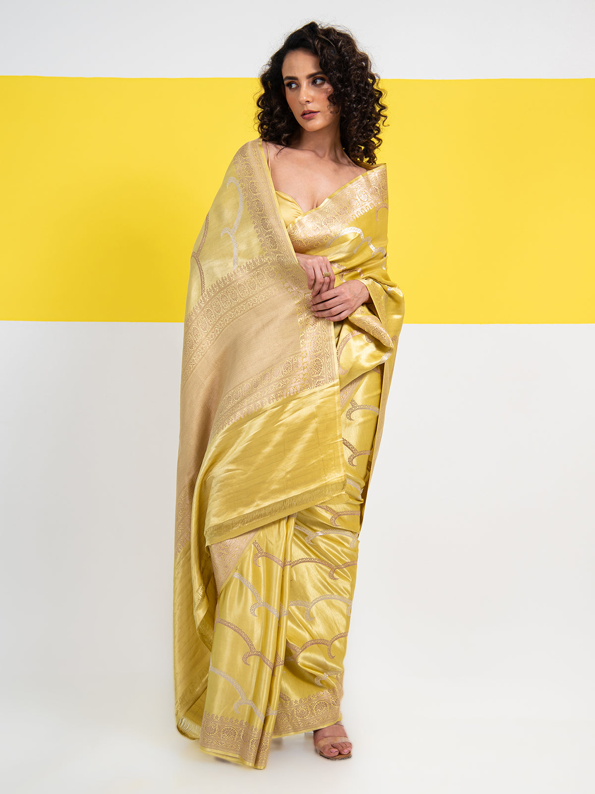Lime Yellow Satin Sona Roopa Leheriya Handloom Banarasi Saree - Sacred Weaves