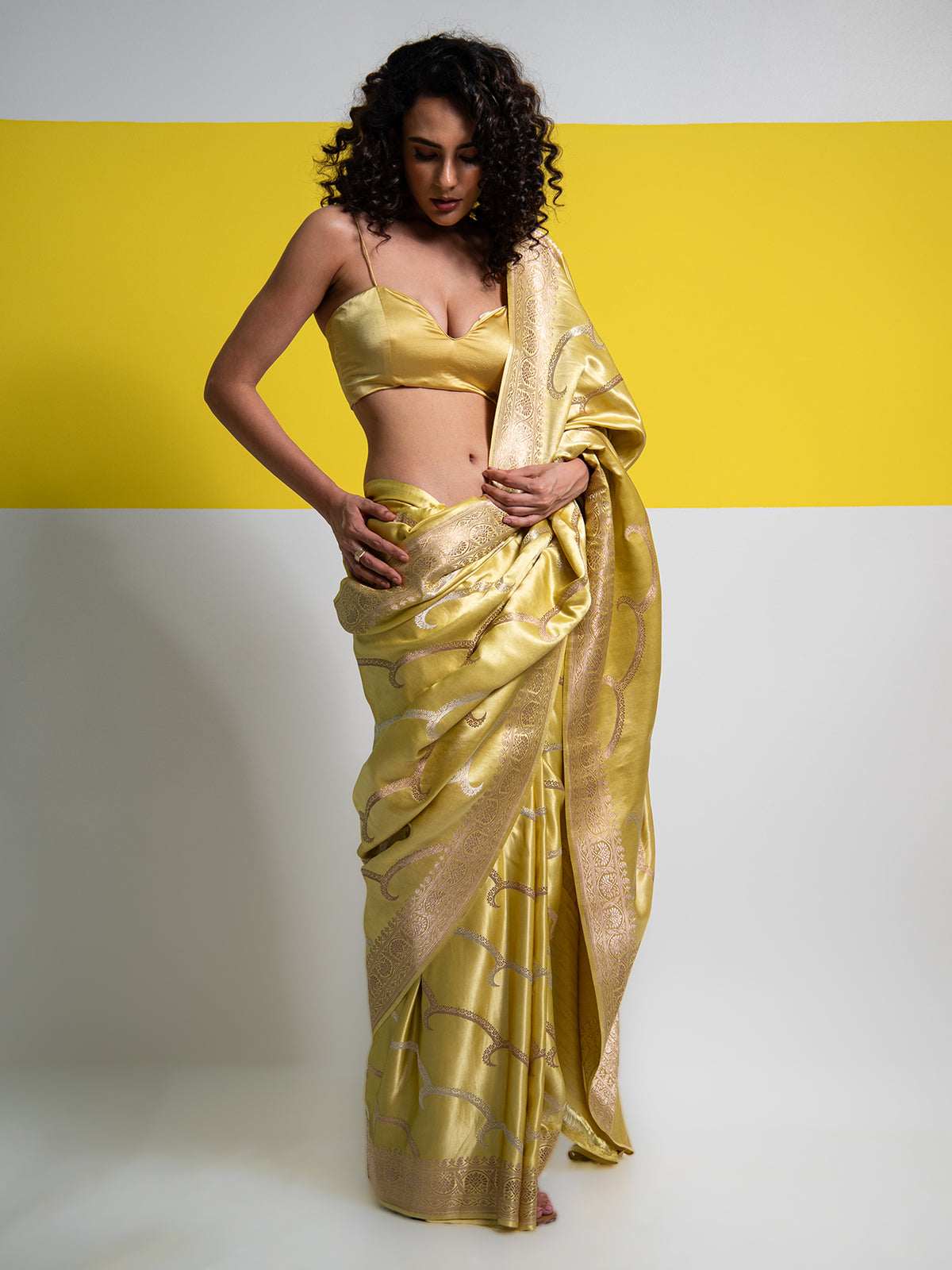 Lime Yellow Satin Sona Roopa Leheriya Handloom Banarasi Saree - Sacred Weaves