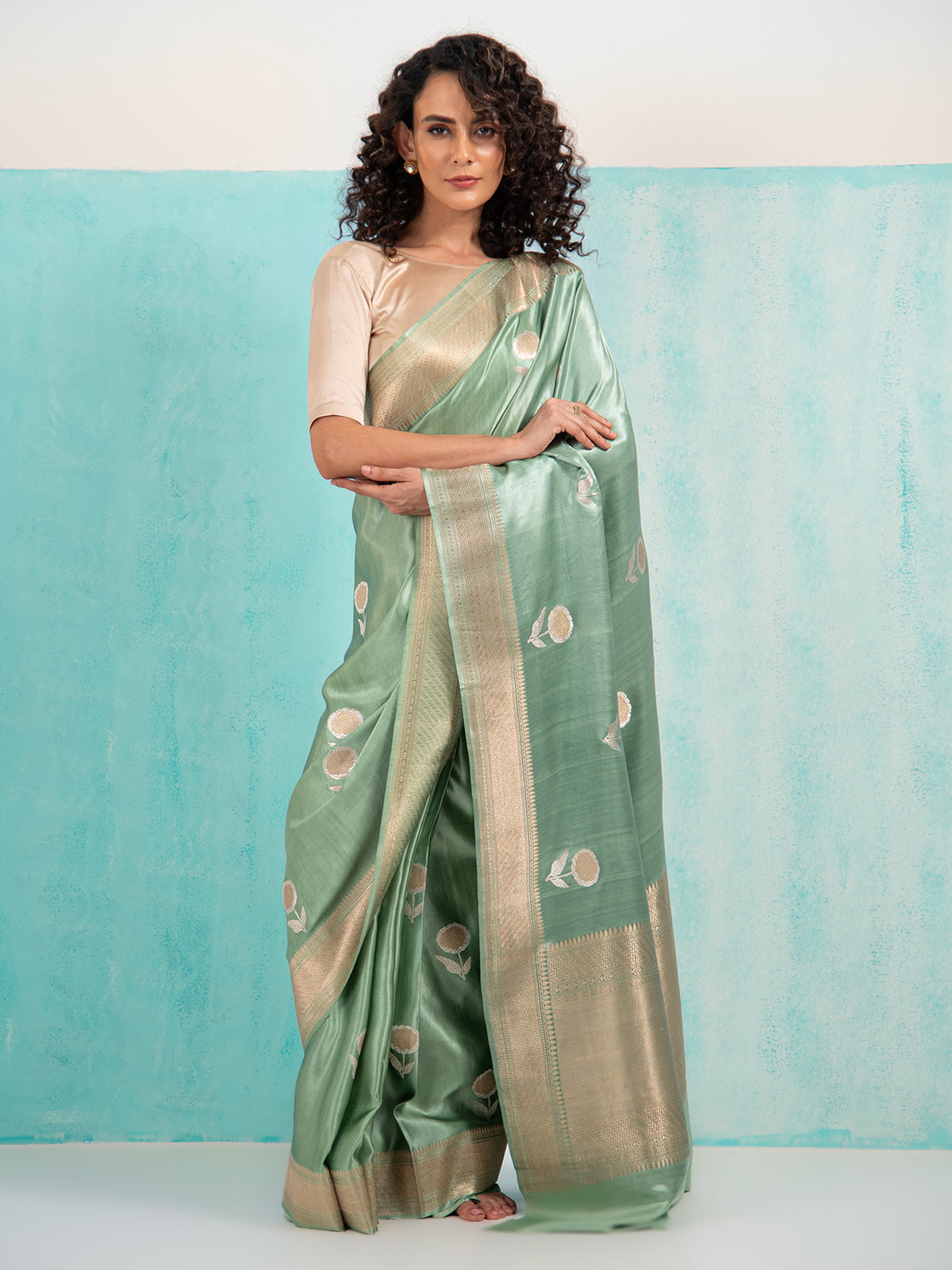 Pastel Olive Green Sona Roopa Boota Satin Silk Handloom Banarasi Saree - Sacred Weaves