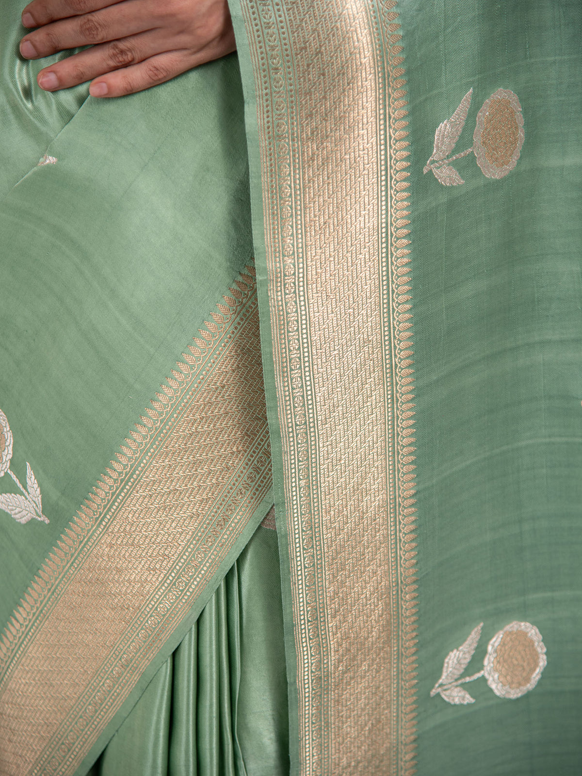 Pastel Olive Green Sona Roopa Boota Satin Silk Handloom Banarasi Saree - Sacred Weaves