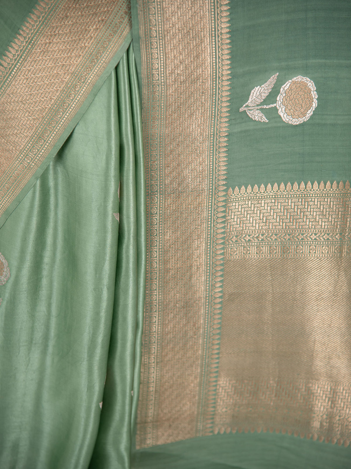 Pastel Olive Green Sona Roopa Boota Satin Silk Handloom Banarasi Saree - Sacred Weaves
