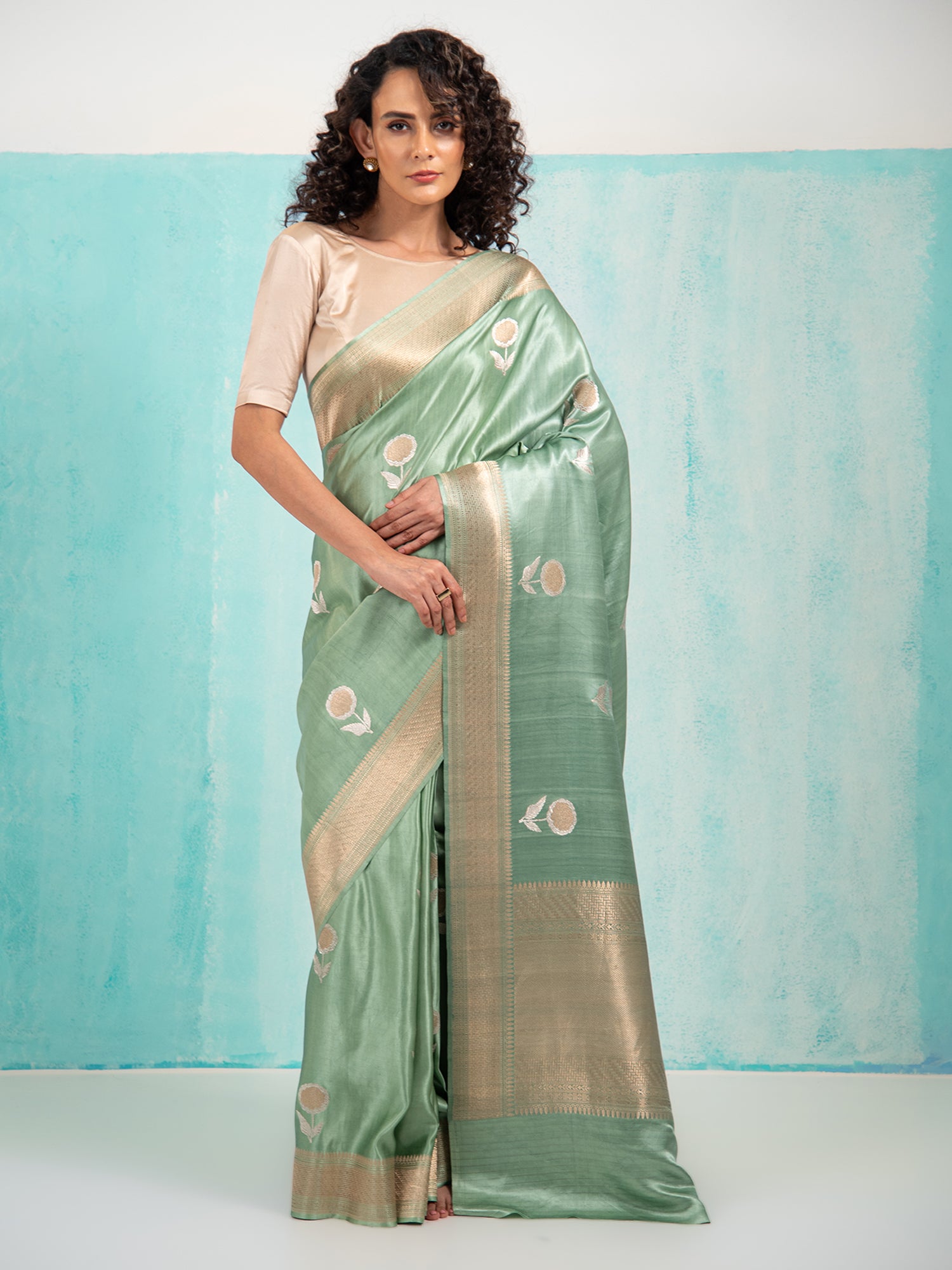 Pastel Olive Green Sona Roopa Boota Satin Silk Handloom Banarasi Saree - Sacred Weaves