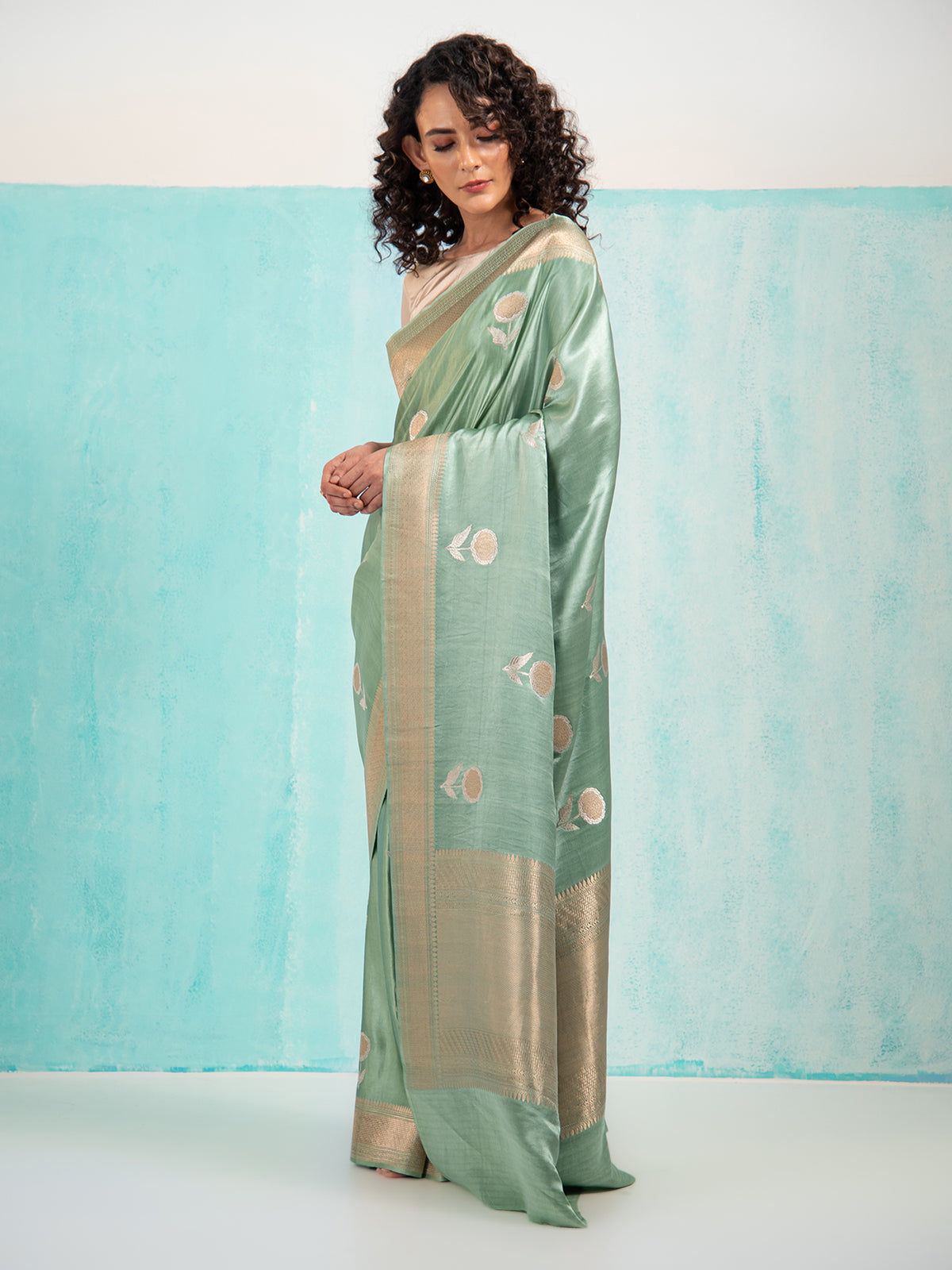 Pastel Olive Green Sona Roopa Boota Satin Silk Handloom Banarasi Saree - Sacred Weaves